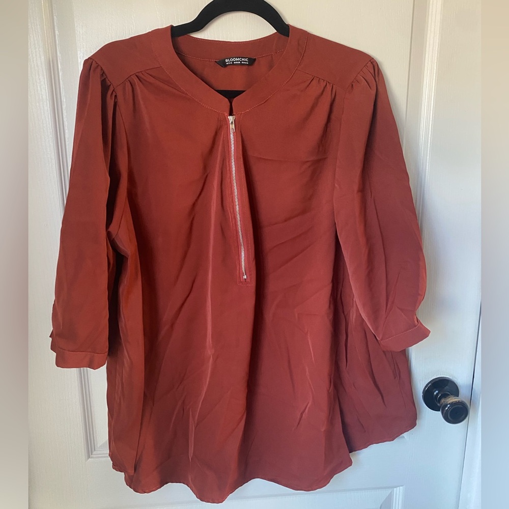 BloomChic Anti‑Wrinkle Plain Half Zip Gathered Blouse – Stylish & Effortless
